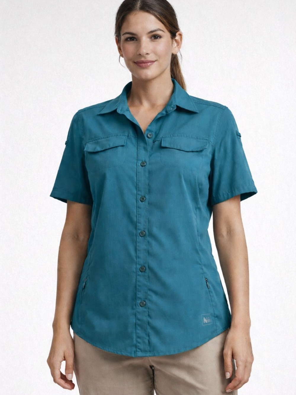 REI Women’s Teal Hiking Shirt Small Short Sleeve Button Up Outdoor Travel